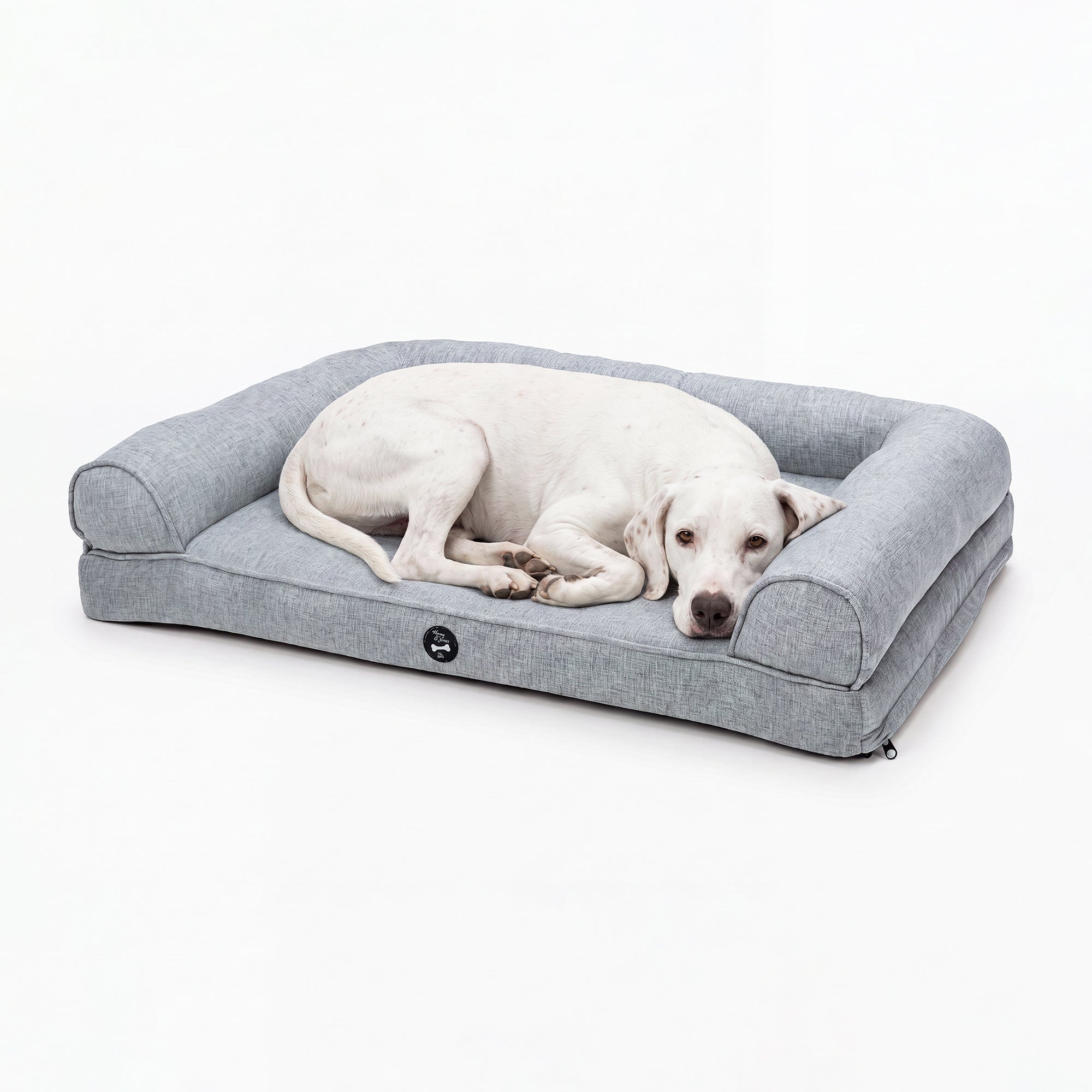 A white dog lies resting on a light gray fabric pet bed with a raised bolster border, photographed against a clean white studio background.
