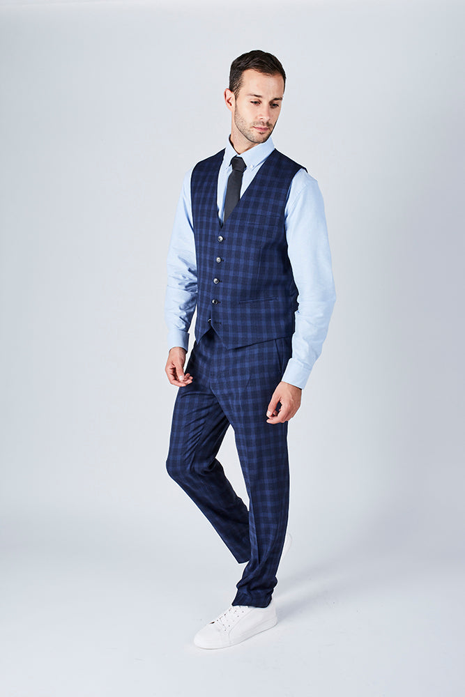Suit 10 Slim Fit Dark Navy Checked Suit Waistcoat