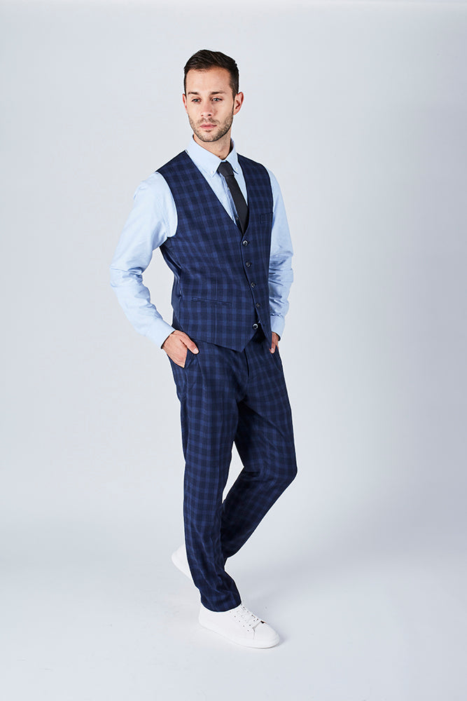 Suit 10 Slim Fit Dark Navy Checked Suit Waistcoat