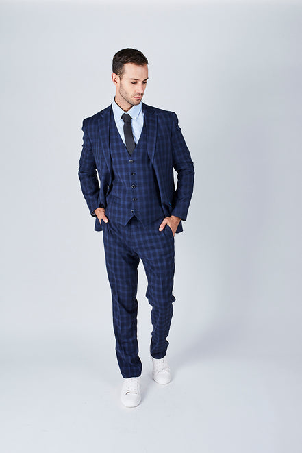 Suit 10 Plain Slim Fit Dark Navy Checked Suit Jacket