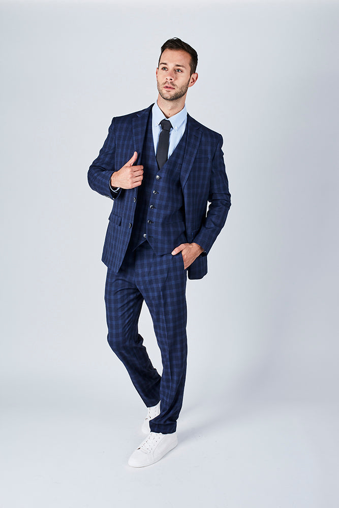 Suit 10 Plain Slim Fit Dark Navy Checked Suit Jacket