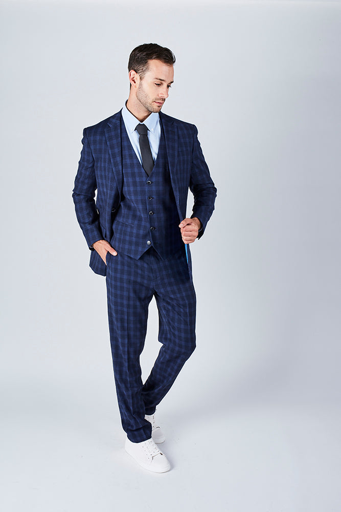 Suit 10 Plain Slim Fit Dark Navy Checked Suit Jacket