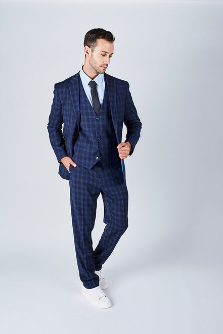 Suit 10 Plain Slim Fit Dark Navy Checked Suit Jacket
