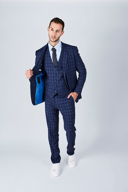 Suit 10 Plain Slim Fit Dark Navy Checked Suit Jacket