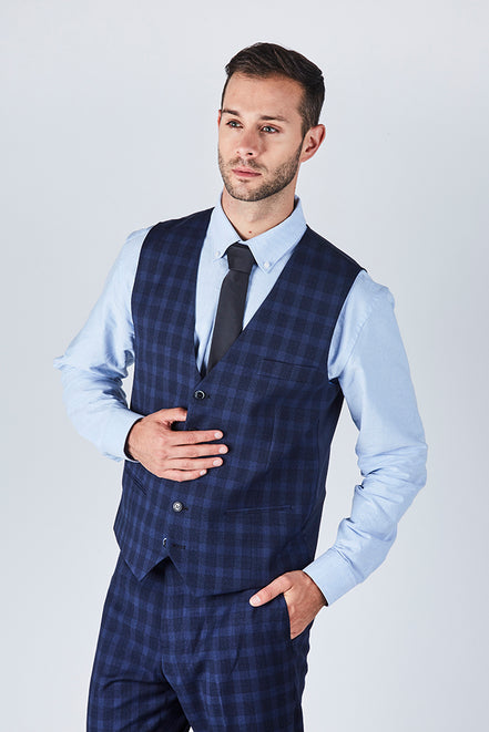 Suit 10 Slim Fit Dark Navy Checked Suit Waistcoat