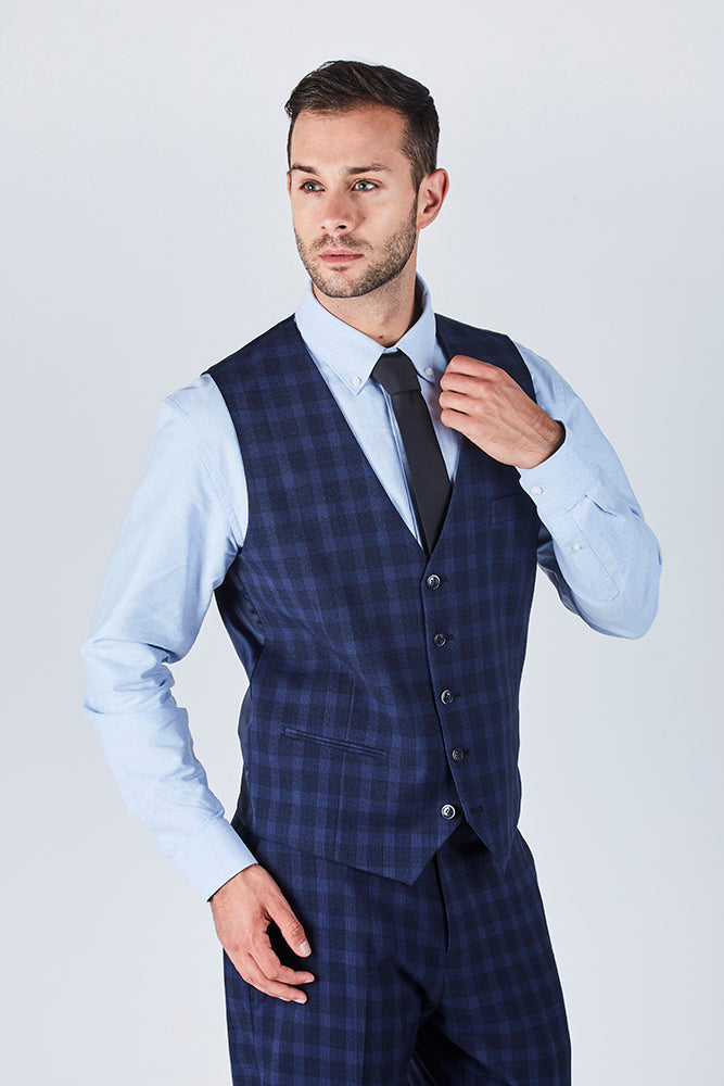Suit 10 Slim Fit Dark Navy Checked Suit Waistcoat