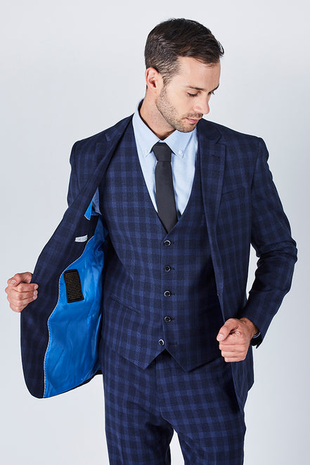 Suit 10 Plain Slim Fit Dark Navy Checked Suit Jacket